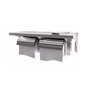 TWIN STAINLESS STEEL TOILET ROLL HOLDER WITH SHELF