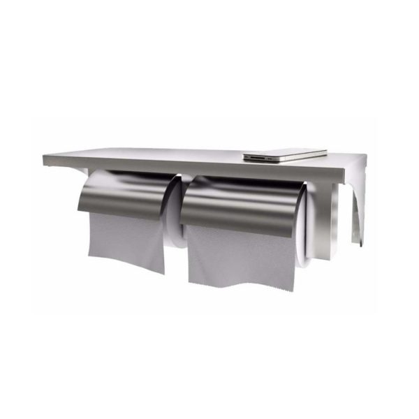 TWIN STAINLESS STEEL TOILET ROLL HOLDER WITH SHELF